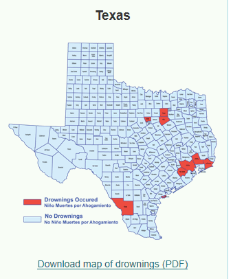 list of essential services showing map of child drownings in texas